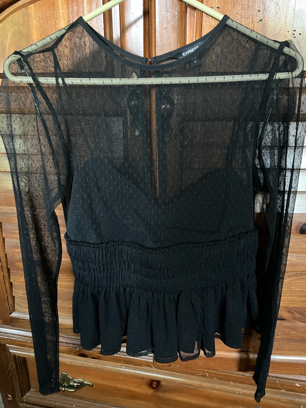 Express Black Sheer Long-Sleeve Smocked Peplum Blouse